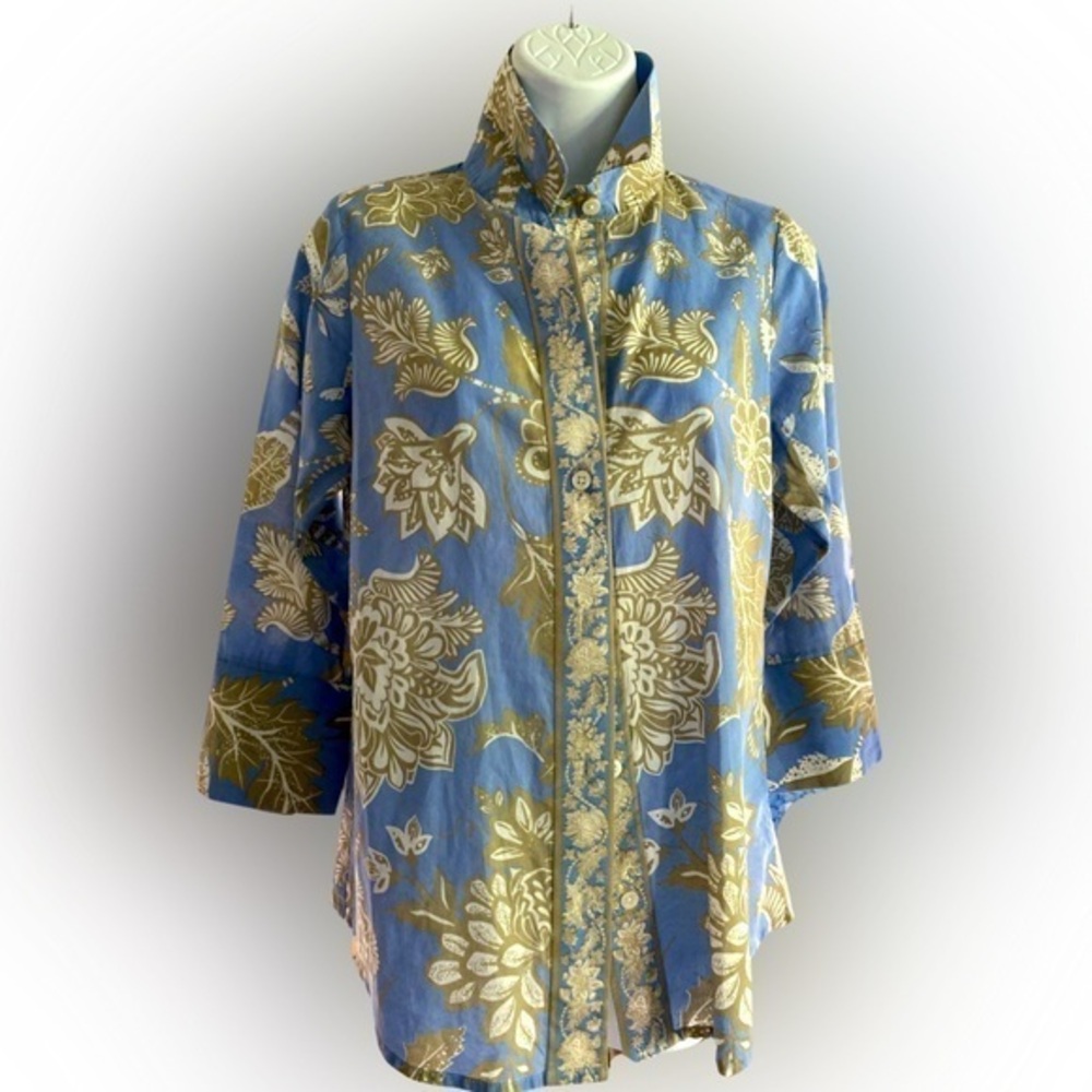 Gretchen Scott Designs Quarter Sleeve Button Down - XS blue tan, cotton